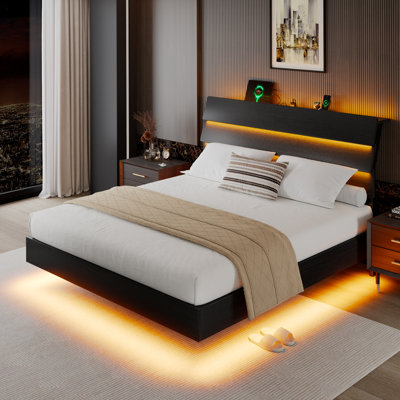  Base de lit flottante pleine grandeur avec DEL et station de charge, base de lit plateforme en métal avec tête de lit, aucun sommier requis, sans bruit, facile à assembler, noir