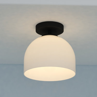 Shelby 1-Light 9.25 in. Wide Matte Black Transitional Dome Semi Flush Mount Lighting Fixture, Frosted White Opal Glass Shade, LED Compatible, for Low Ceilings, Bedroom, Hallway, Kitchen