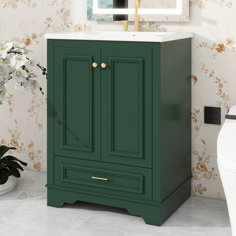 Ensemble de meuble-lavabo 24 po avec lavabo en céramique, armoire de rangement moderne avec 2 portes et tiroir, meuble-lavabo autoportant