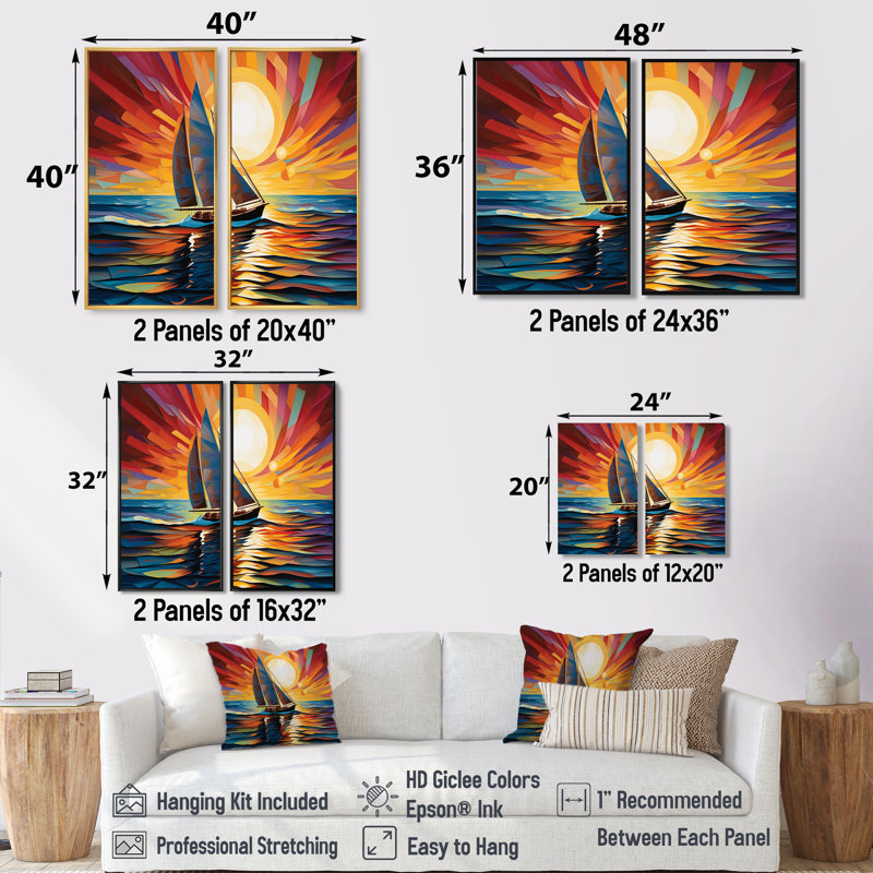 Voilier mélodique III - impressions multicolores sur toile, H 32 po x l 32 po, Impression encadrée flottante, Argent argent