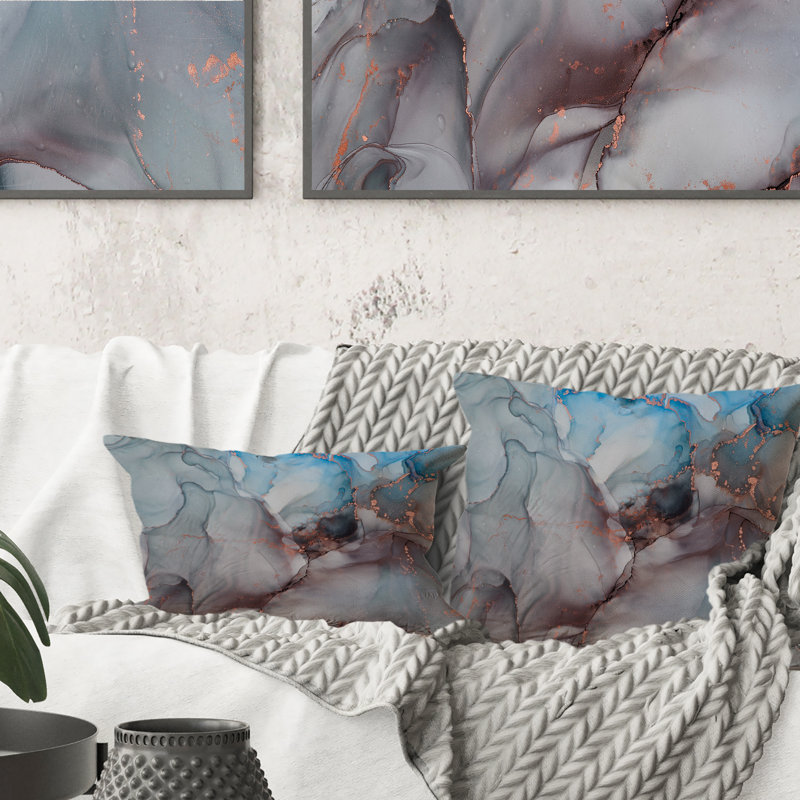 Gris et bleu liquide Art - Coussin décoratif imprimé moderne, 16 po x 16 po