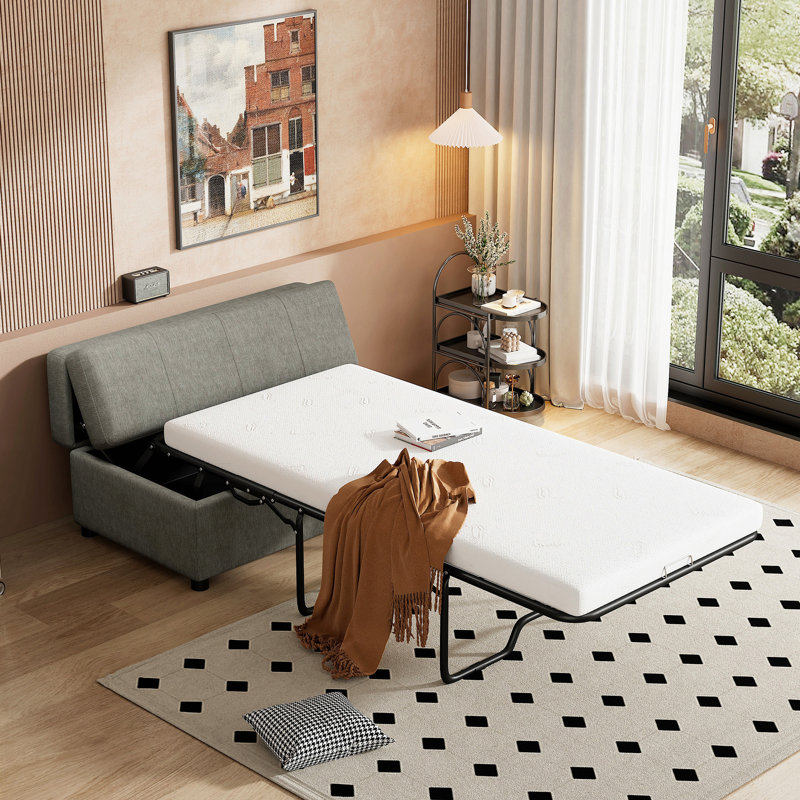 Lit simple escamotable avec repose-pieds et lit d'invité convertible avec matelas, Gris chenille