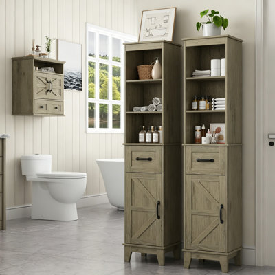 Ensemble de 3 armoires de rangement pour salle de bain avec armoire murale et ensemble de 2 grandes armoires étroites, porte de grange de ferme, gris