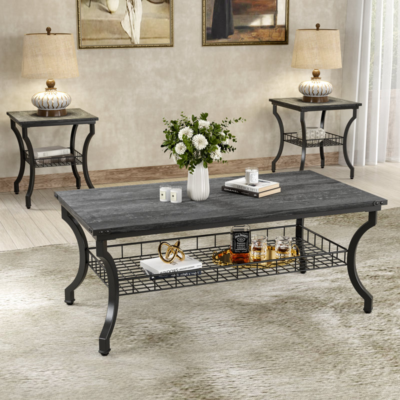 Ensemble de 3 tables basses et tables de bout gris anthracite Aliona, tables d'appoint industrielles modernes avec tablette de rangement, meubles de salon en bois d'ingénierie et en métal