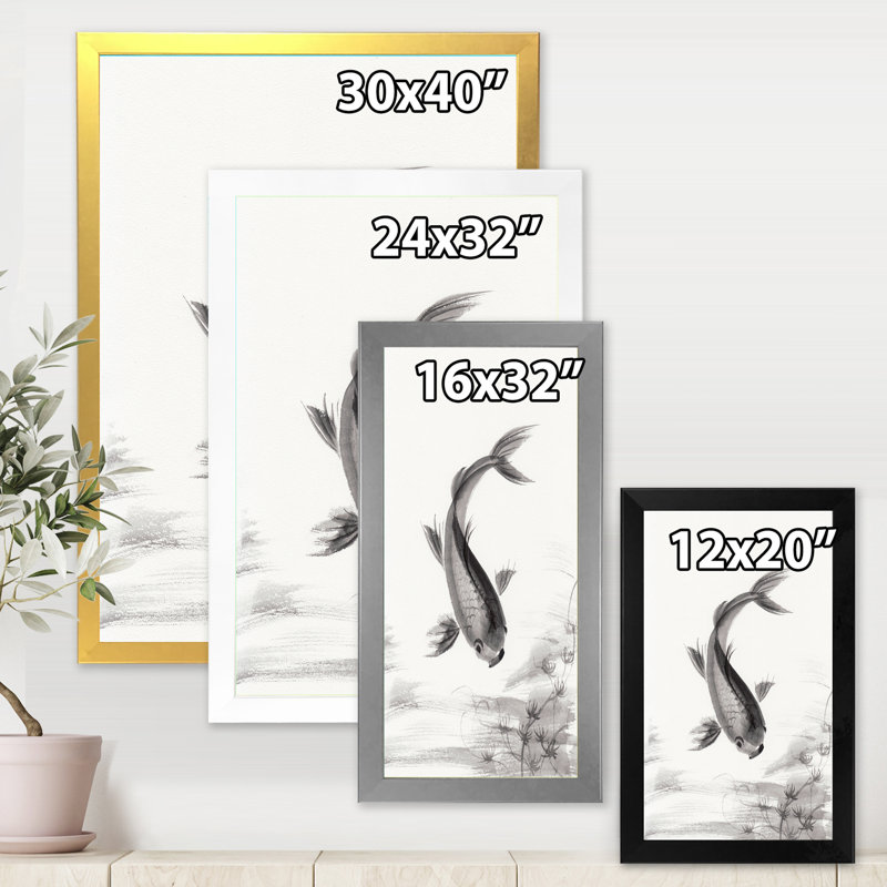 " Monochrome Vintage Fish I " Painting Print, 40" H x 30" W x 1.5" D, Silver Framed Canvas