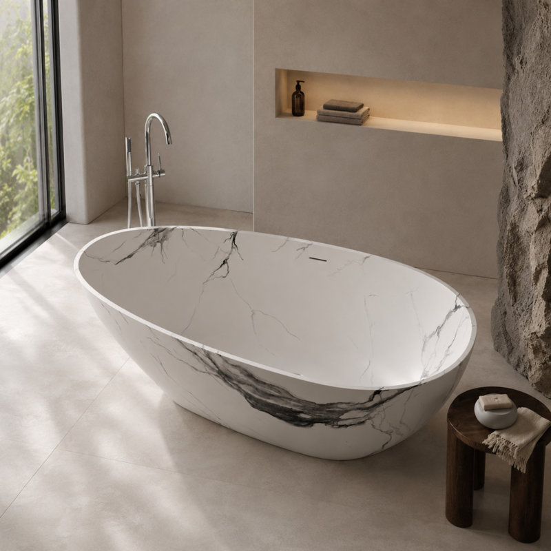 Baignoire de trempage autoportante de 59 po à surface solide, motif veiné noir et doré, baignoire moderne en résine de pierre