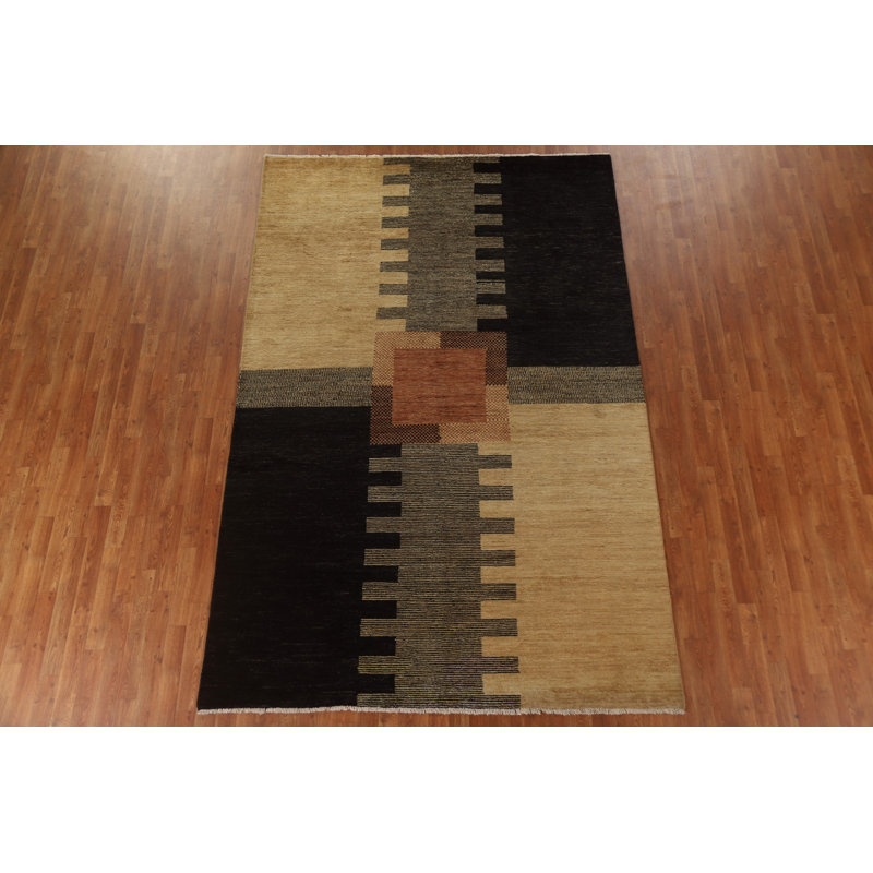 Tapis noir / gris / beige en laine noué à la main de conception unique 6 pi 6 po x 9 pi 10 po New Age Bruggeman