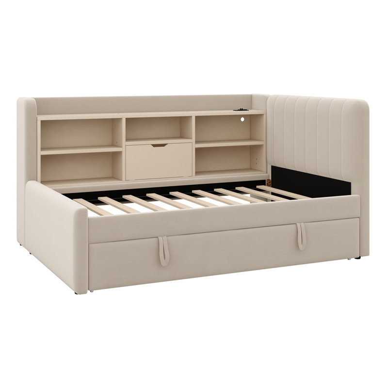 Modern Upholstered Daybed with Trundle, Storage Shelves, USB  and Outlet