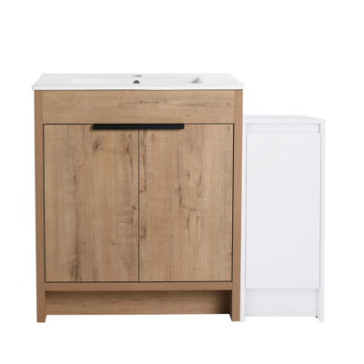 Freestanding Bathroom Vanity With Ceramic Sink And Storage Cabinets, Soft Closing Door