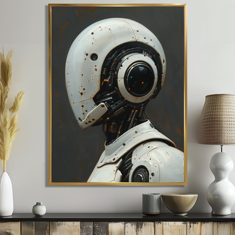«White Grey Steel Steel Sentinel Robot - Robots», reproduction d'art mural, White Picture Framed, H 30 po x l 40 po