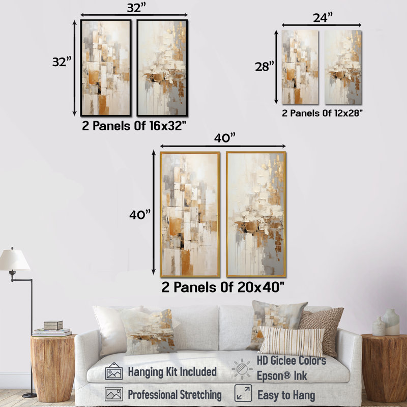 Ensemble de 2 peintures murales beiges et dorées - Collages abstraits sur toile, Toile tendue, H 28 po x l 25 po