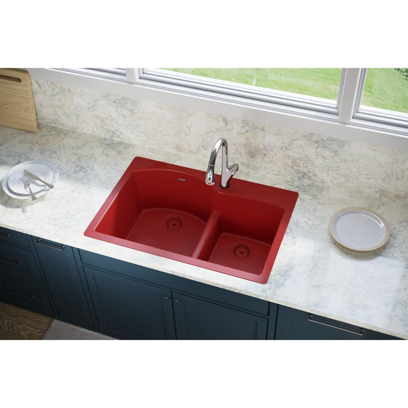 Quartz Luxe 33" L x 22" W Double Basin Drop-In Kitchen Sink with Aqua Divide, Maraschino