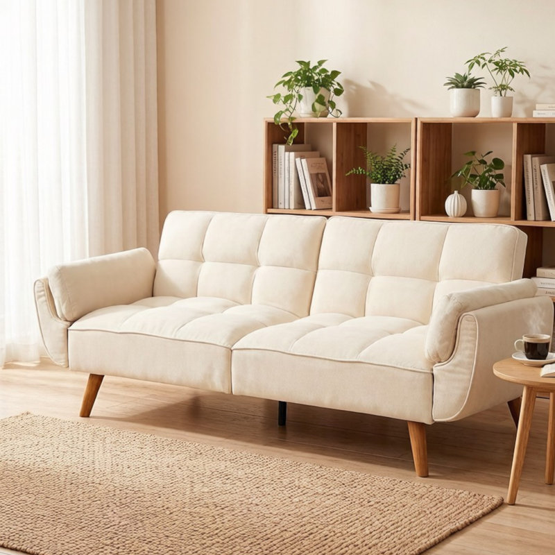 Edriel 75.39" Futons Upholstered Convertible Sofa, Beige