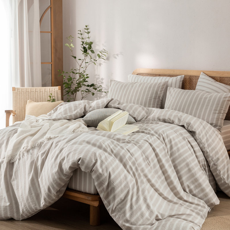 Ensemble de housse de couette 3 pièces, Housse de couette pour très grand lit et 2 taies, Rayures - blanc / lin gris