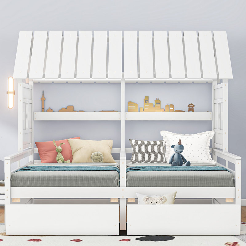 Lits plateforme simples avec deux tiroirs pratiques, idéal pour les chambres partagées entre garçon et fille, assurant confort et rangement