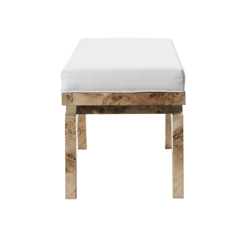Beige Cerused Oak Rectangular Accent Stool with White Linen Cushion