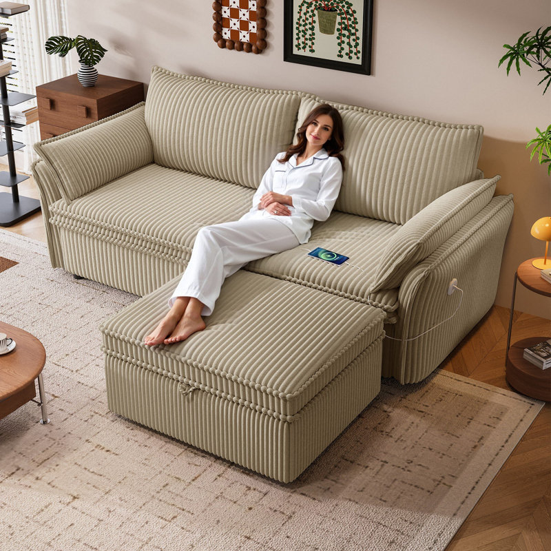85" Wide Corduroy Convertible Sofa Bed 2 In 1 Full Size Pull Out Sleeper Couch With Removable Storage Ottoman & Charging Station & Adjustable Backrest