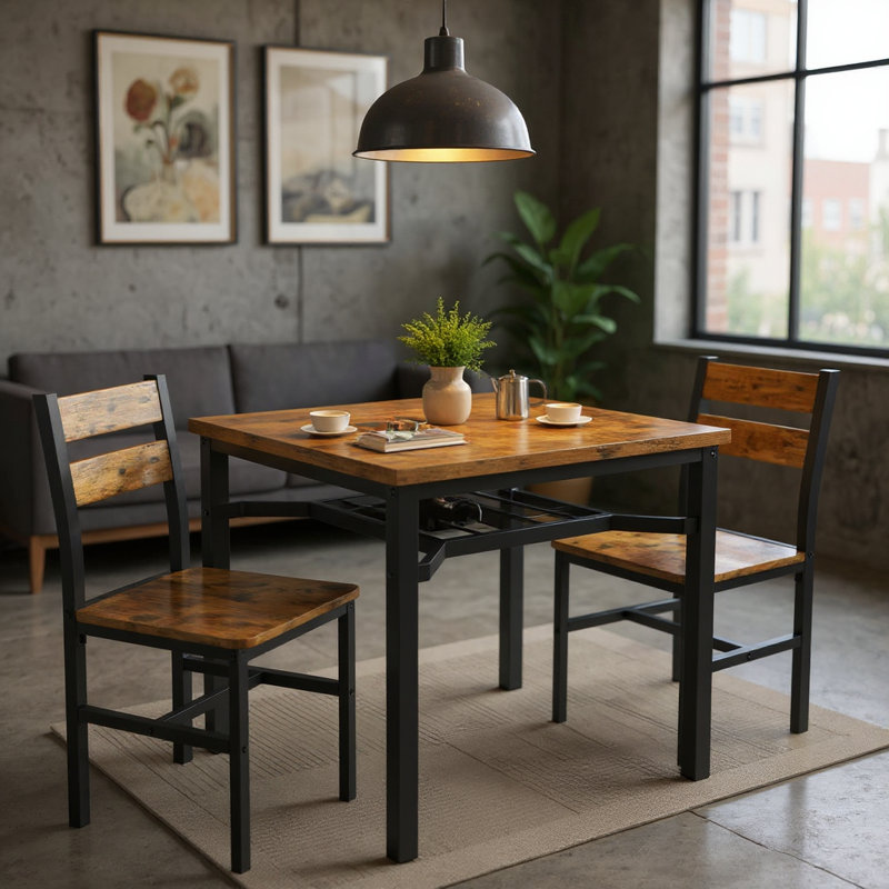 3 Piece Square Bar Table And Chairs Set, Space Saving Design Dining Table Set With Storage Shelf, Small Kitchen Table Set Of 3, With Particle Board Table Top And Metal Frame