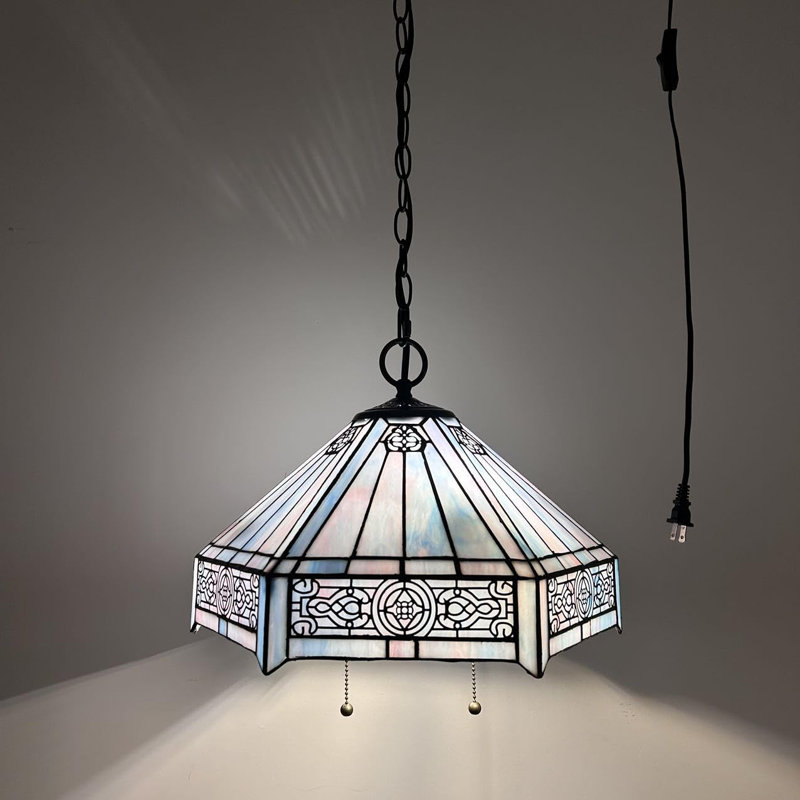 Tiffany Pendant Lights Fixture Plug In Stained Glass Hexagon LED Bulbs Included 16”W*16”D*75”H, Blue;Pink