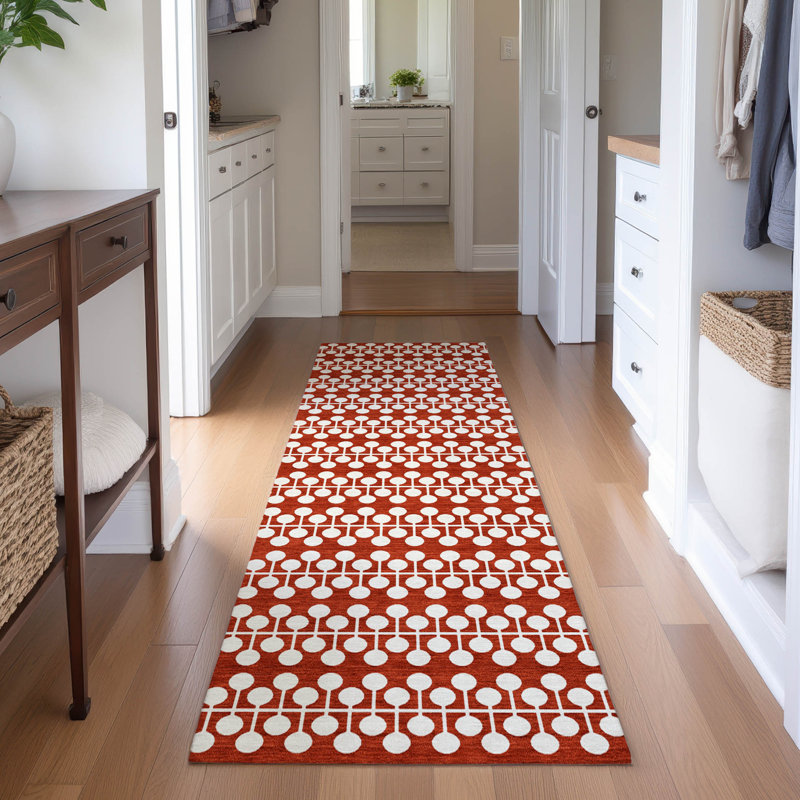 Premium Machine Washable Mayfield AMF2247 Geometric Rug, 2'3" x 7'6" Runner, Red