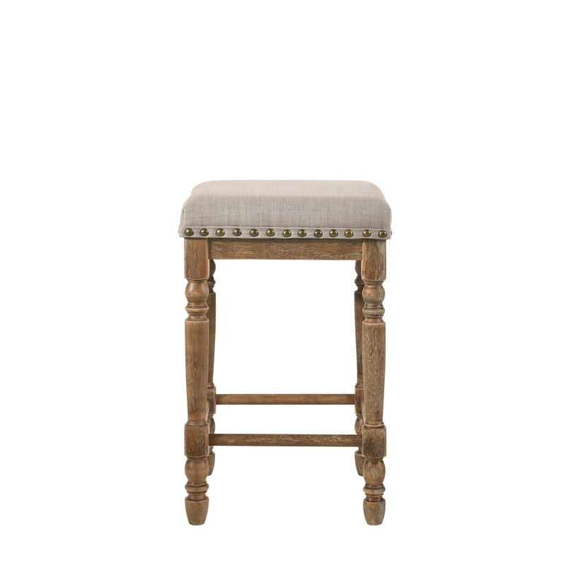 Rustic Weathered Oak Backless Counter Height Stool with Beige Upholstery