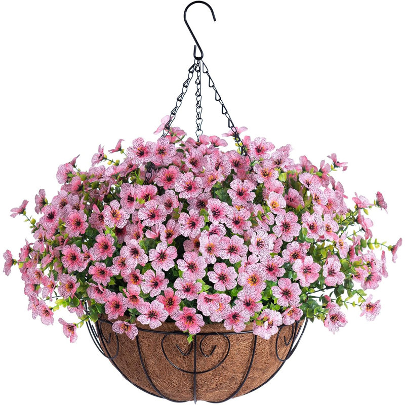 Artificial Faux Hanging Plants Flowers Basket for Summer Outdoor Outside Decoration, Pink
