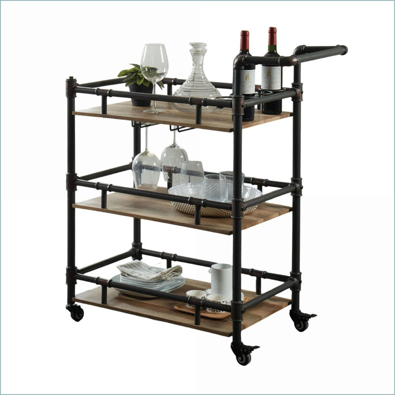 Chariots de service à 3 niveaux de style industriel avec cadre en métal noir antique / chêne naturel avec roues | Chêne | Salle à manger