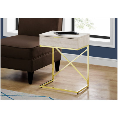 Modern Beige Marble-Look Accent Table With Storage Drawer, For Living Room And Bedroom Decor