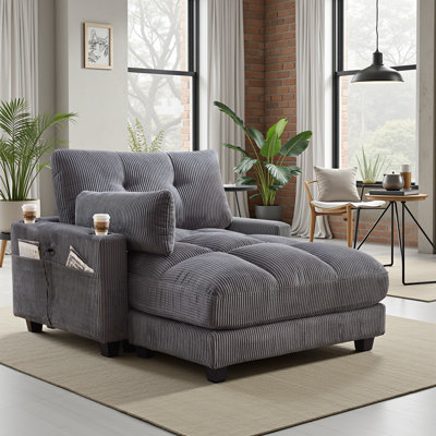 Convertible Corduroy Chaise Lounge Sofa Bed with USB Port, Storage by Mercer41