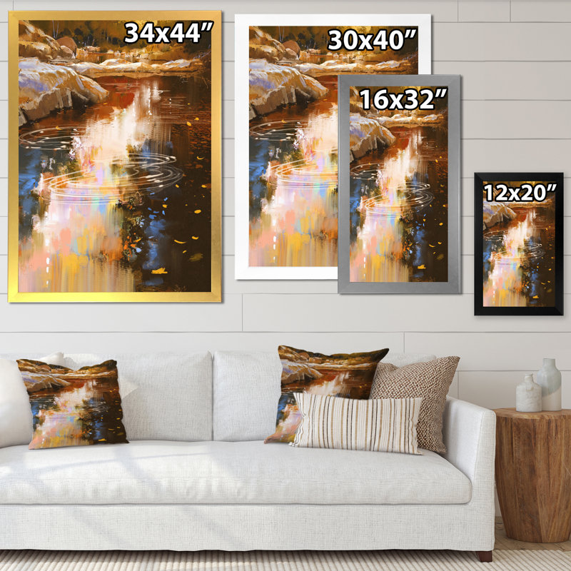 River River Lines with Stones in Autumn Forest - Peinture sur toile, H 32 po x l 24 po, Cadre photo argenté