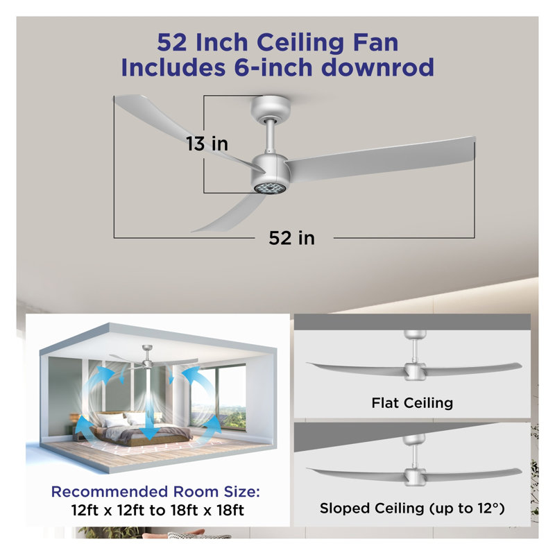 52-Inch Silver Low Profile Ceiling Fan with Dimmable LED Light and Remote Control