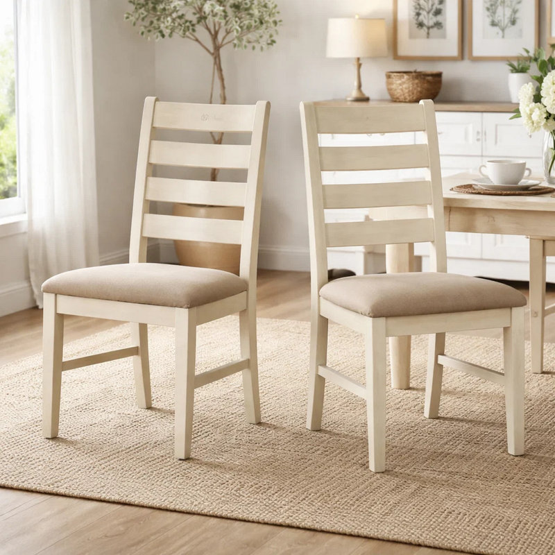 Ensemble de 2 chaises de salle à manger Coxo, siège rembourré en tissu beige, dossier en lattes de bois, Blanc antique, Brun