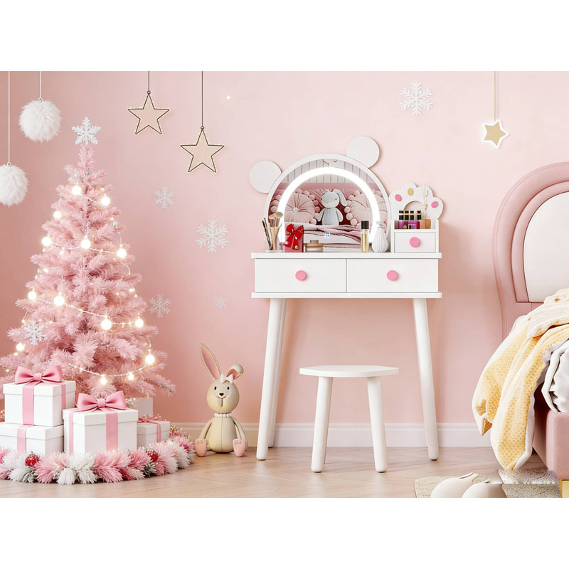 Ensemble de coiffeuse pour enfants avec lumières et miroir, ensemble de maquillage princesse en forme d'ours avec tiroirs de rangement