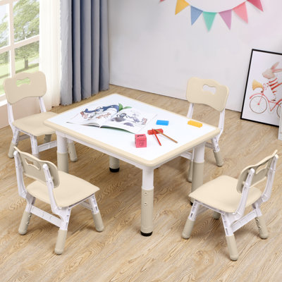 Kids Study Table and Chairs Set, Height Adjustable Toddler Table and Chair Set for Kids Ages 3-8, 31.5" L x 23.6" W Graffiti Desktop Plastic Children Art Table with 4 Seats