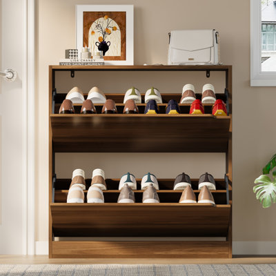 Farmhouse Shoe Storage Cabinet with 2 Flip Drawers – Narrow 9.45" Deep, Adjustable Shelf for Entryway, Hallway (31.50"W x 9.45"D x 33.07"H)
