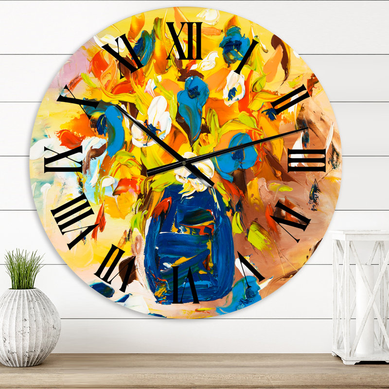 Un bouquet de fleurs en jaune et bleu - horloge murale traditionnelle, Surdimensionné