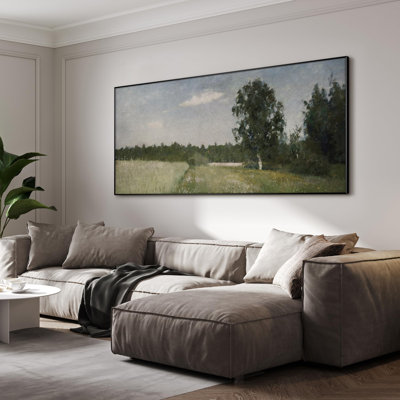 Très grande reproduction d'art sur toile - Prairie tranquille avec bouleaux et fleurs sauvages, décoration pour le salon ou la chambre à coucher - «Assemblage requis du cadre (cadre non fini)»
