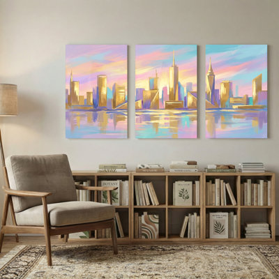 «Abstract City Skyline Sunset Reflection», ensemble de 3 impressions sur toile