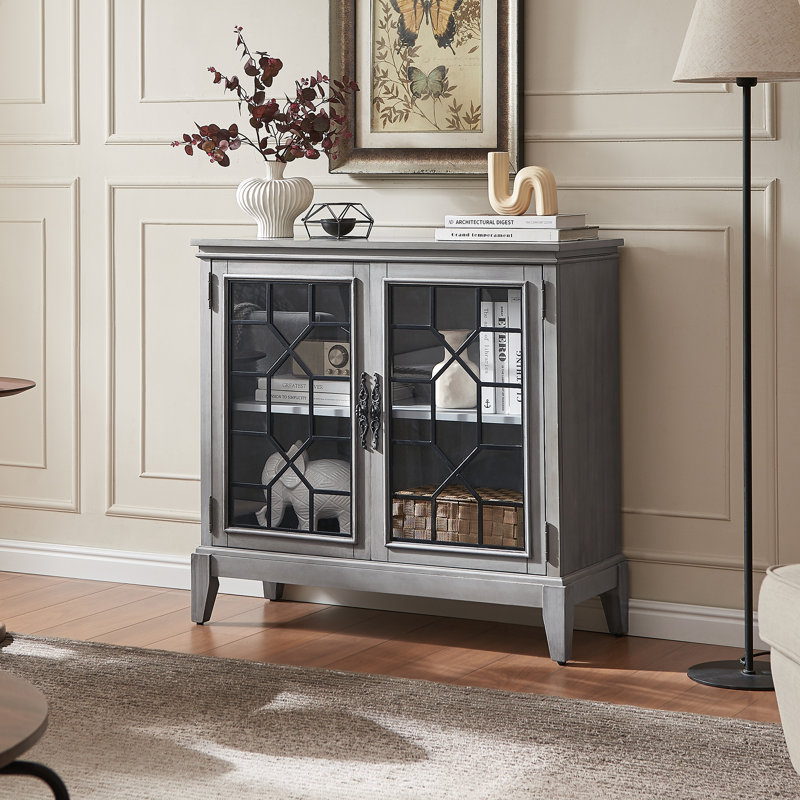 36"W Wood Accent Cabinets With Glass Door and Adjustable Shelf , Gray