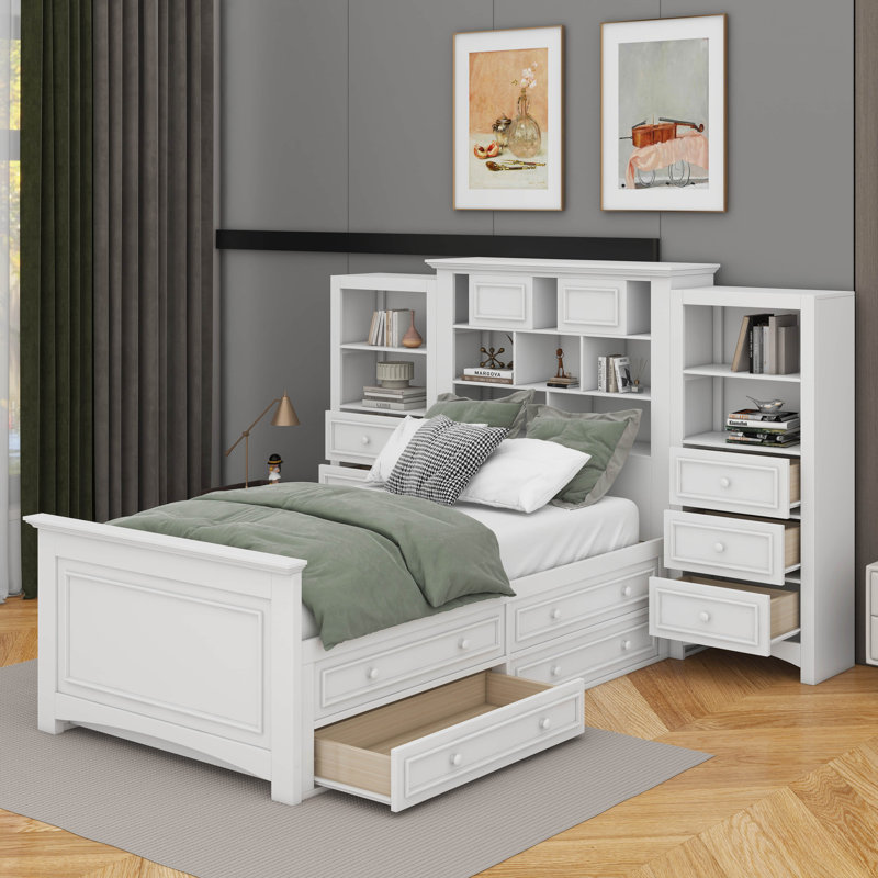 Lit plateforme simple en bois avec armoire verticale et tiroirs, Blanc