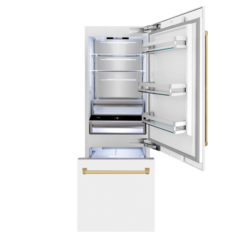 ZLINE 30 Autograph Edition 16.1 cu. ft. Built-in 2-Door Bottom Freezer Refrigerator with Accent, White Matte, Gold