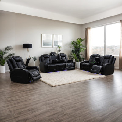 Raichelle Breathing Leather 3-Piece Living Room Recliner Sofa Set With LED,Wireless Charger,Arm Storage,Cupholders by Ivy Bronx