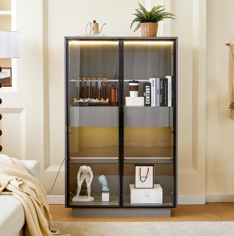 Vitrine haute de 60,6 po avec porte en verre trempé, éclairage DEL, deux tiroirs, armoire de rangement de style moderne pour le salon, le bureau et le bureau