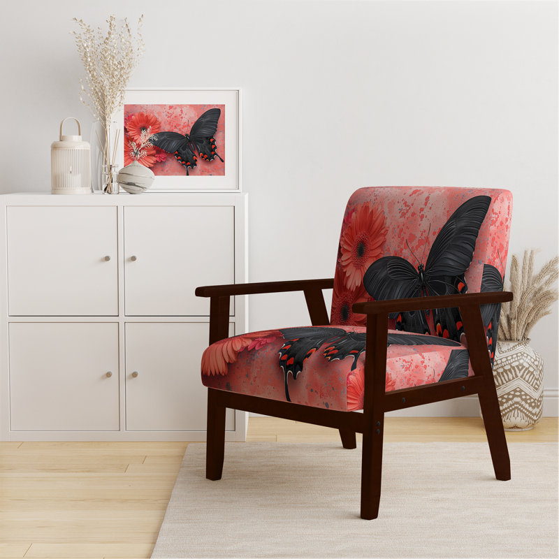 Magiera - Buttlerfly In Watercolor Painting - Velvet  Upholstered Floral Accent Arm Chair, Pink/Black, Brown