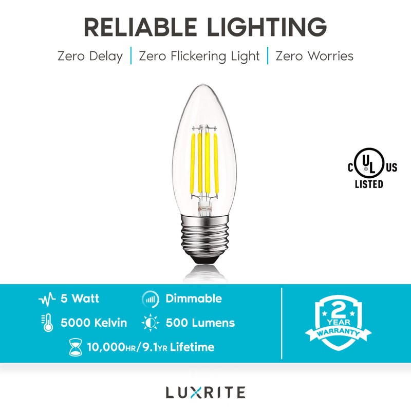 5 W (équivalent à 60 W), DEL B11, à intensité variable, blanc éclatant (5000 K) E26 / base moyenne (standard), 5000 K
