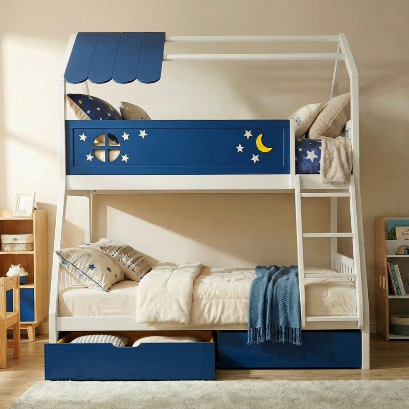  Twin Over Full Bunk Bed Solid Wood House for Kids With Drawers And Guardrail, Bunk Beds for Kids With Stairs, Easy Assembly, Non Toxic, No Box Spring Needed