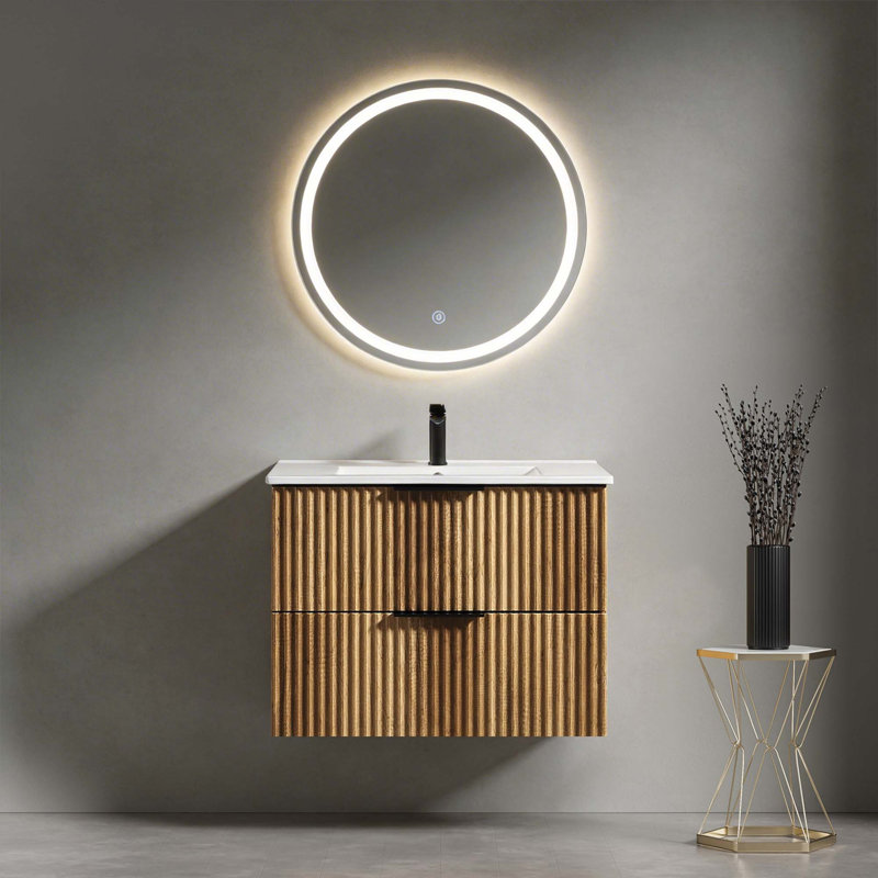 Meuble-lavabo mural avec conception cannelée 3D et lavabo en céramique intégré, 29"