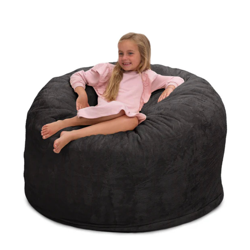 Bean Bag Chair and Footstool, Oversized Lounger, 22" H x 22" W x 22" D, Charcoal Faux Fur