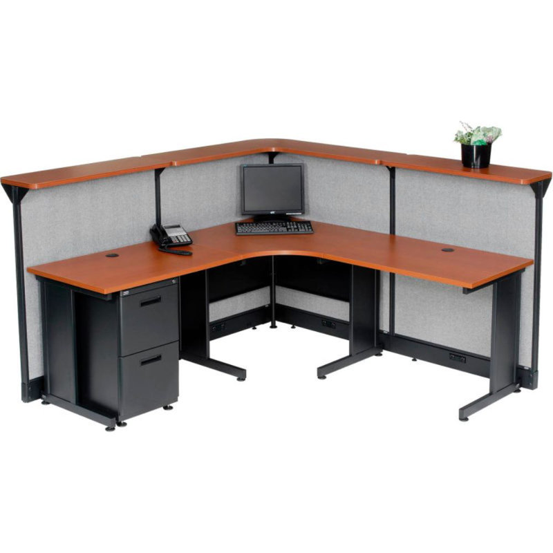 L-Shaped Synthetic Laminate Reception Desk with Power Outlet, Grey