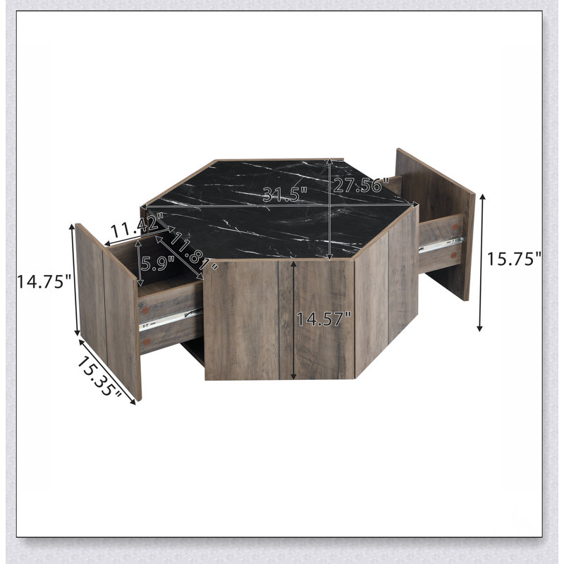 Table basse hexagonale rustique rétro en bois avec 2 tiroirs cachés pour un rangement élégant et durable, Noir, Marron clair